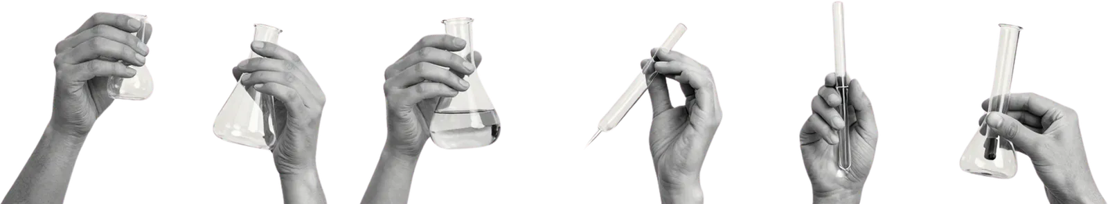 Six hands holding laboratory flasks, test tubes, and a pipette