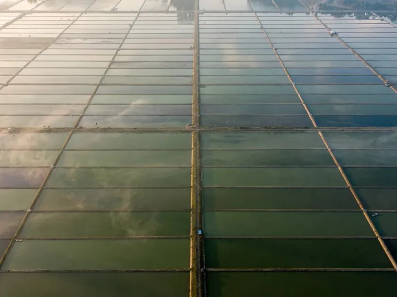 Aquaculture ponds seen from above at dawn, separated by earth dykes