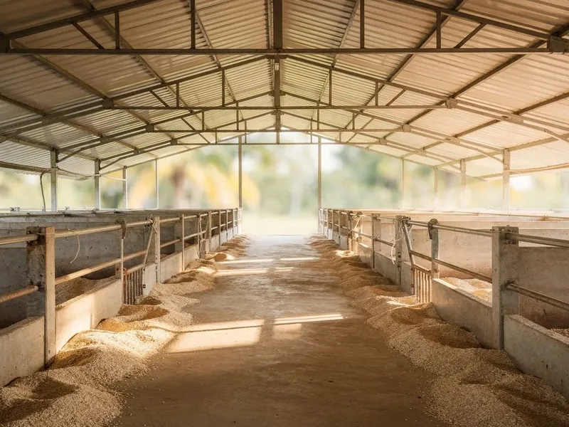 Interior of an open-sided livestock barn with daylight through ridge vents
