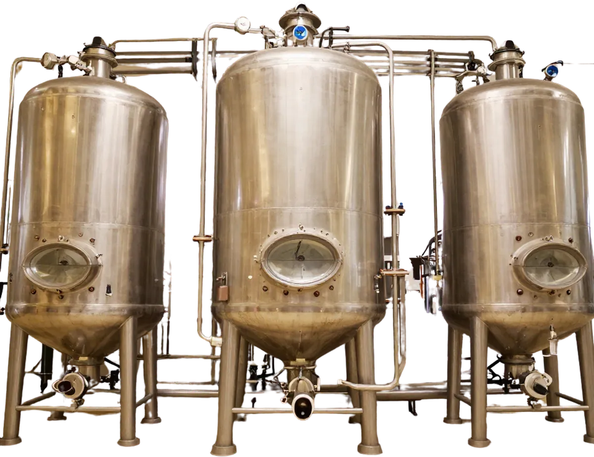 Three stainless steel fermentation vessels seen from the front